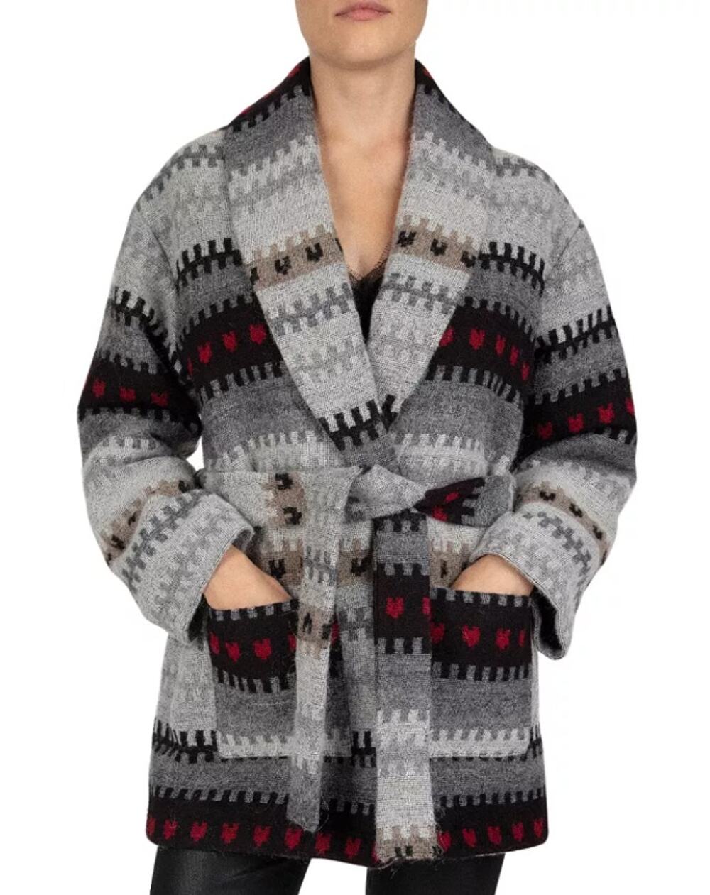 The Kooples Wool Cropped Winter Coat Tie Waist Geometric Print Gray Womens US S
